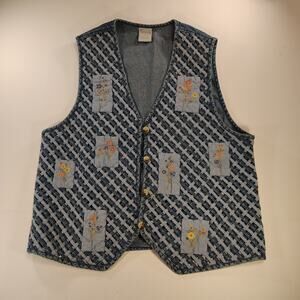 Vintage Cascade Blues Womens Lg Colorful Denim Lattice Vest Grandma Cottage Core